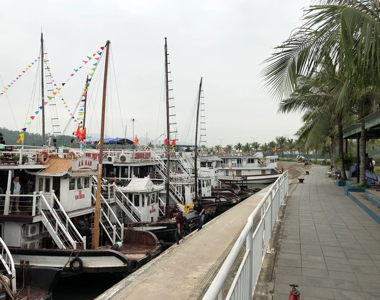 Tàu gỗ tham quan neo dọc cầu cảng Tuần Châu, Hạ Long