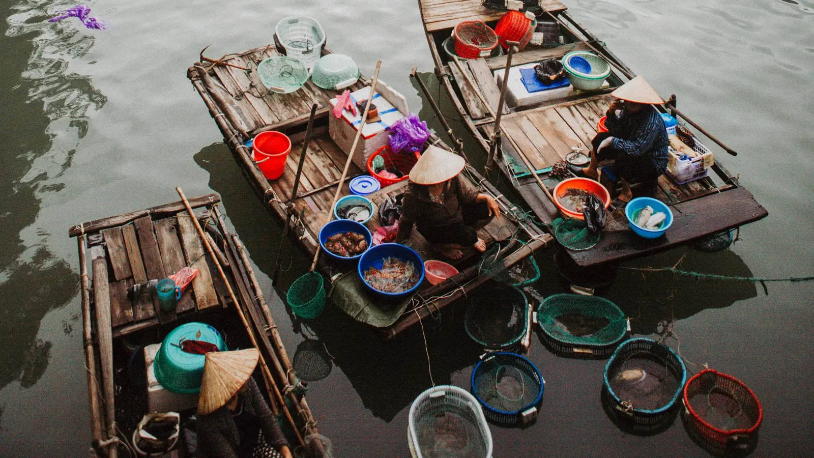 Thuyền nhỏ bán hải sản tươi sống trong chậu, thau trên vịnh Hạ Long